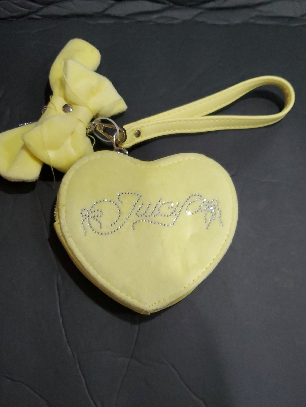 Juicy Couture yellow velour crystal monogram and charms heart shaped wristlet